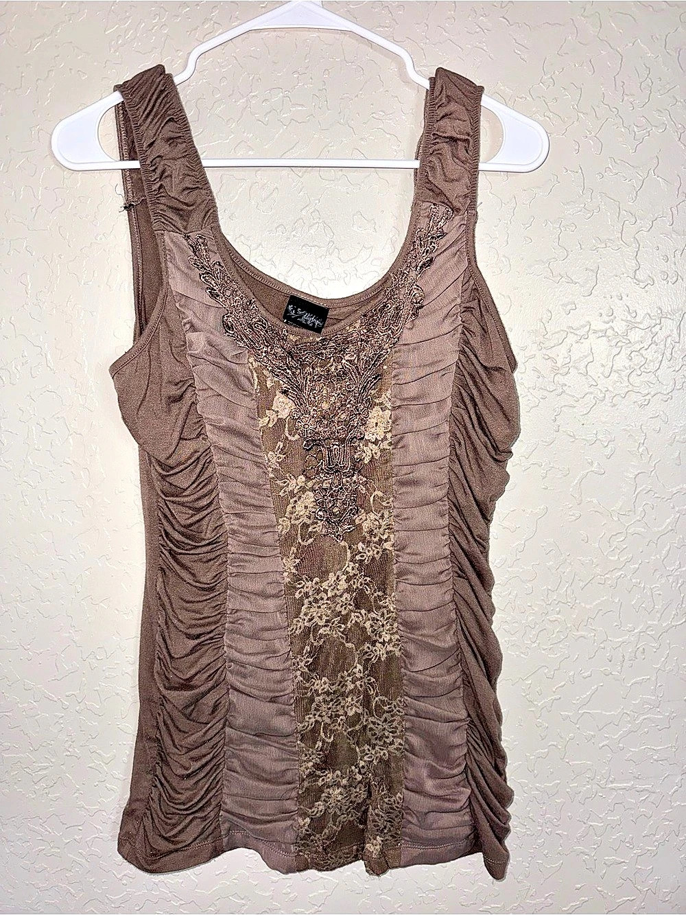 Daytrip Brown Lace Chiffon Ruched Y2K Boho Tank Top Size XL